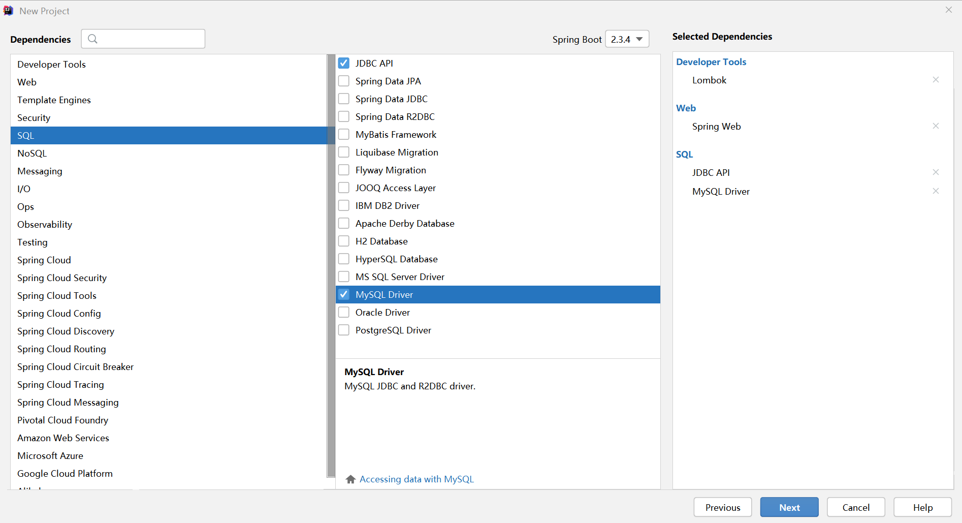 选中JDBC API 和 MySQL Driver